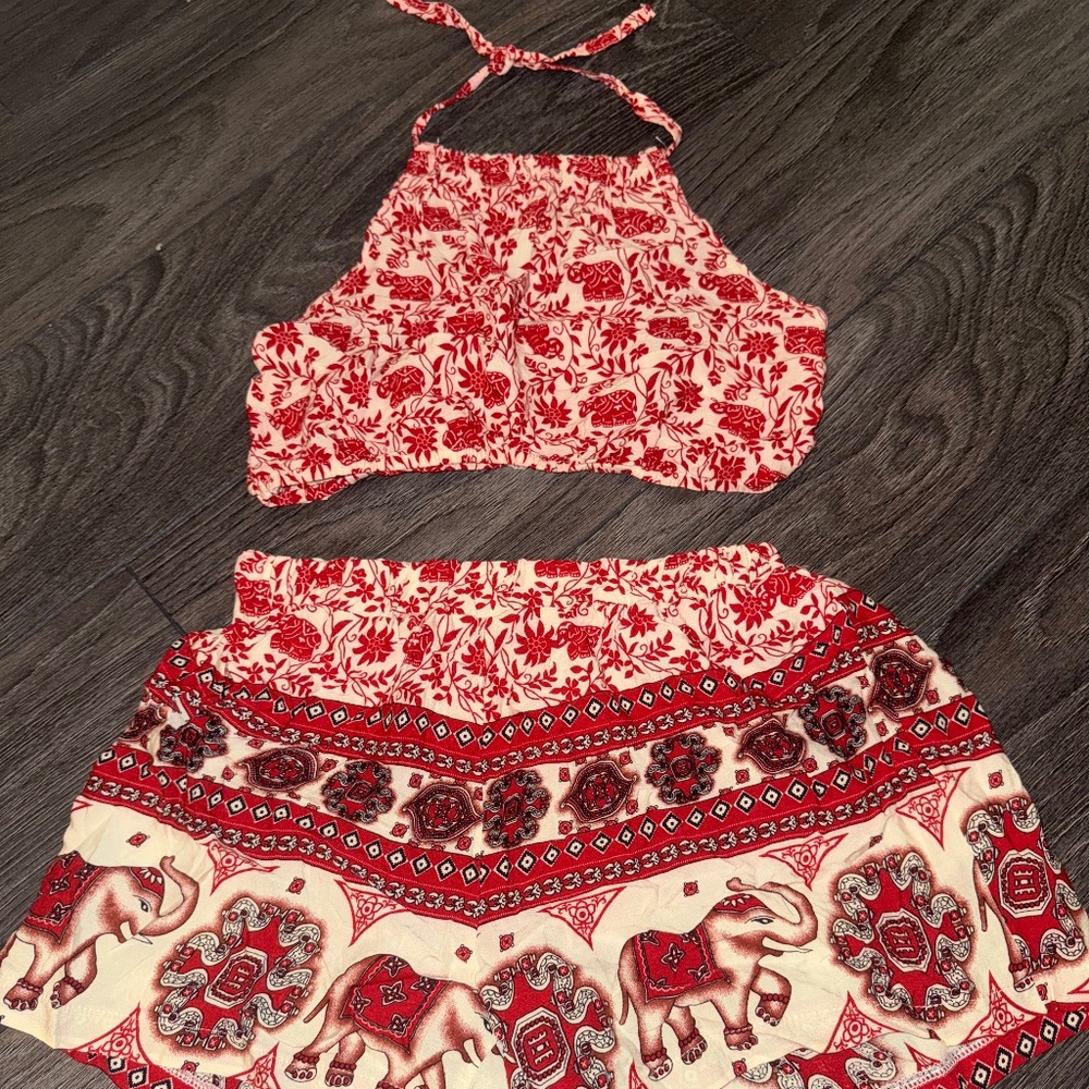 Boho Red & Cream Pattern Two-Piece Coordinating Crop Top and Short Set